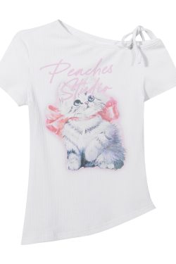 Sweet Cat Print Short Sleeve T-Shirt for Women, Irregular Asymmetrical Shoulder Tie, Slim Fit, Trendy Slay Girl Style