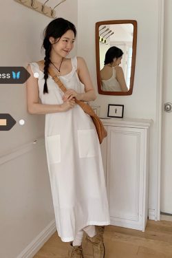 Sweet Delicate Ruffled Pocket Vest Long Dress - Xiulin Inspired Korean Style Fashion, Perfect for 90s & Y2K Looks