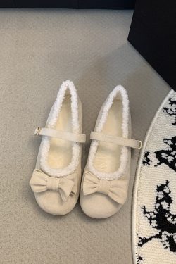 Sweet Fairy Style Low Heel Square Toe Bowknot Flats for Women - Autumn Winter Fuzzy Outdoor Shoes, Y2K Inspired