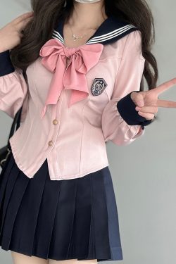 Sweet Japanese JK Uniform Short Jacket with Navy Collar and Bow - Women's College Style 2025, Cute Kawaii Fashion