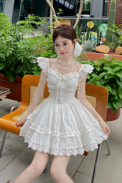 Sweet Lace Embroidered Little White Dress with Flare Sleeves and Puff Skirt - Illustrated Summer Style
