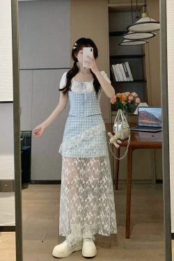 Sweet Momo Spring Heavyweight Mesh Camisole Dress with Fake Two-Piece Design - Niche Quality Gentle Top for 90s and Y2K Style