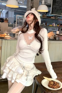 Sweet Romantic Korean Style Lace Long Sleeve V-Neck T-shirt for Women - Autumn Winter Slim Fit Knit Top