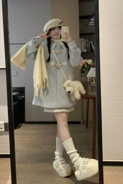 Sweet Spring Korean Style Girl's Blue Cape Coat and Short Set - Thick Woolen Outerwear for Women