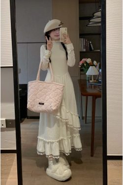 Sweet Spring Lace Knitted Long Sleeve Dress with Waist-Cinching Design, Slimming Patchwork Cake Skirt for Women