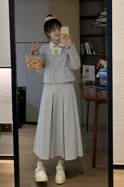 Sweet Spring Two-Color Oversized Blazer & Long Skirt Set | Trendy Women's Fashion Jacket | Stylish Milk Flavor Blue Look