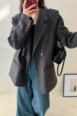 Tailored Herringbone Gray Woolen Suit Jacket for Women - High-End Petite Korean Style for Autumn and Winter