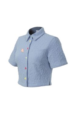 Textured Short Sleeve Shirt with Heart Button Detail - Roaring Beast Design, Trendy Y2K Style