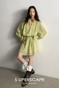 Textured Silk and Linen High-Collar Tie Waist Ruffled Hem Pleated Long-Sleeve Dress - Elegant Fashion for 90s and Y2K Styles