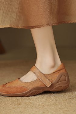 Thick-Soled Casual Velcro Mary Jane Shoes for Women - Genuine Leather Spring Autumn 2024 Flat High Heels