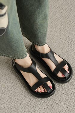 Thick-Soled Flat Roman Sandals for Women - Versatile T-Strap Summer Beach Shoes with Cushion Comfort