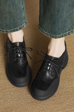 Thick-Soled Genuine Leather Lace-Up Loafers for Women - British Style Chunky Heel Height-Increasing Wedge Shoes
