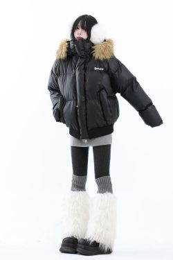 Thick Warm Removable Fur Collar Cotton Jacket for Men and Women - Winter Short Leather Parka Outerwear with Mountain Carving Design