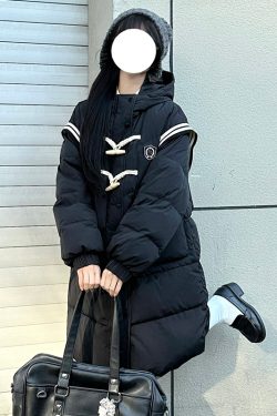 Thickened College Style Down Jacket for Winter, Long Loose Fit with Horn Buttons and Pudding Bear Design