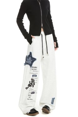Thickened Hip-Hop Street Dance Sweatpants for Women - Versatile American Denim Patch Embroidered Casual Straight-Leg Sports Pants