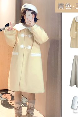 Three-Piece Set: Pudding Bear JK Uniform Doll Collar Toggle Woolen Coat for Women - 2024 Winter Fashion