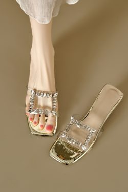 Transparent PVC Open-Toe Sandals for Women with Flashy Rhinestone Square Buckle - Summer Low-Heeled Slide Sandals