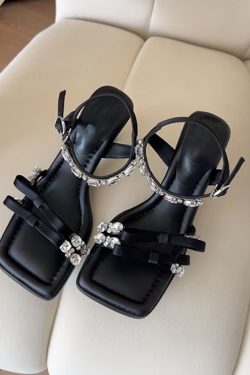 Trendy 2025 Black Open-Toe Rhinestone Sandals, Sheepskin Square Toe with Thin Strap High Heels, Chic Fashion Statement