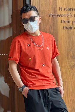 Trendy American-style Short Sleeve Cartoon Embroidery T-shirt for Men - Versatile Summer Round Neck Casual Top