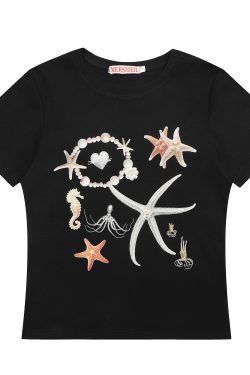 Trendy American Style Starfish Print Short T-Shirt for Women - Creative Slim-Fit Versatile Top for Casual and Stylish Outfits