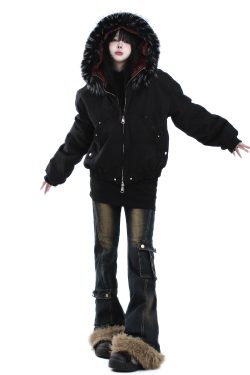Trendy American Vintage Mountain Carving Fur Collar Cotton Jacket for Women and Men - Winter High Street Fashion Outerwear