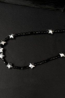 Trendy Black Bead Choker Necklace for Women with Pentagram, Stylish Light Luxury Clavicle Chain, Sweet Cool Accessory