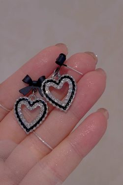 Trendy Black Bow Heart Earrings for Women - 2025 High-Quality Mosquito Coil Ear Clips, Cute Niche Fashion Accessory