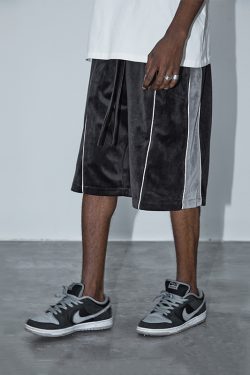 Trendy Casual Five-Point Shorts with 3M Reflective Strip, Velvet Color-Blocking, and Glossy Drawstring - Y2K Street Style