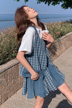 Trendy Checkered Denim Vest and Skirt Three-Piece Set for Summer - Age-Reducing OOTD, High-End College Style