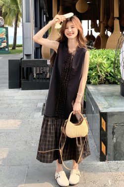 Trendy Checkered Patchwork Vest Dress for Summer Travel - Unique Fashion Statement for 90s and Y2K Style Lovers