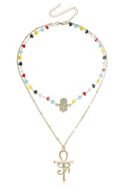 Trendy Double-Layer Colored Crystal Stone Cross Necklace for Women - European American Style, Niche High-End Light Luxury Jewelry
