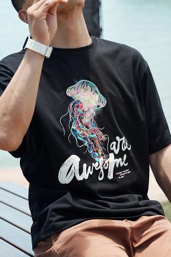 Trendy Heavyweight Colorful Jellyfish Embroidered Short-Sleeve T-Shirt for Men - Summer Fashion Light Luxury Pure Cotton Round Neck