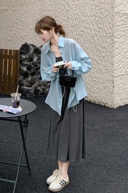 Trendy High-End Gray Slip Dress with Blue Shirt Suit - Elegant Fashion for Sophisticated Style
