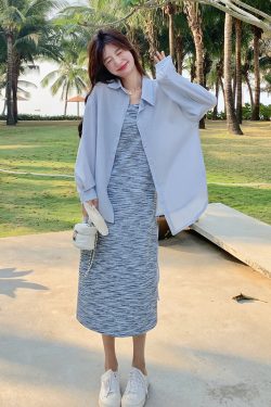 Trendy High-End Striped Camisole Dress and Shirt Two-Piece Set - Chic Summer Outfit for Elegant Style