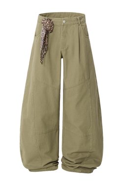 Trendy Leopard Print Wide-Leg Casual Trousers with Scarf Detail - Curved Blade Pants for Y2K and 90s Inspired Style