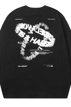 Trendy Long Sleeve T-Shirt with Double Ring Blur Print and Drip Glue Detail, Street Style Fashion, Edgy Graphic Tee
