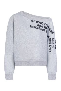 Trendy Loose Long Sleeve Sweatshirt for Women with Slanted Shoulder and Letter Design, Stylish Autumn Top for Hot Girls