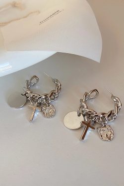 Trendy Metal Chain Cross Tassel Hoop Earrings for Women - Versatile Minimalist Ear Accessories in Harbor Style
