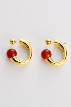 Trendy Minimalist C-Shaped Round Red Agate Bead Stud Earrings for a Chic European American Style Look