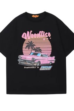 Trendy Pink Vaporwave Racing T-Shirt for Couples - Summer Loose Short Sleeve with Graphic Letter Design - Y2K Style