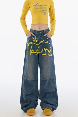 Trendy Retro Graffiti Pleated Wide-Leg Women's Jeans - Casual Loose Straight Pants for 90s Y2K American Style Fashion