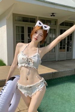 Trendy Slim-Fit Denim Two-Piece Bikini Swimsuit for Women - Sexy Instagram Style Vacation Swimwear