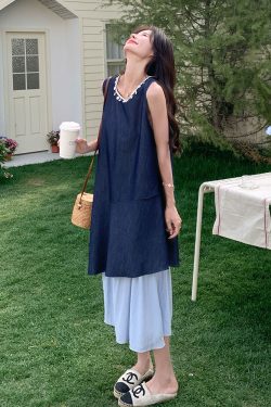 Trendy Spliced Sleeveless Dress for Women - 2025 Summer Style, Loose Fit, Slimming Design for Petite Figures, Casual Tank Dress