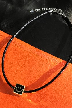 Trendy Square Smiley Face Necklace for Women - Black Leather Cord Choker, Niche Design Clavicle Chain for Stylish Girls