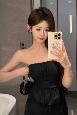 Trendy Strapless Ruffled Short Blouse for Women, Summer Waist-Cinching Top with Sweet and Spicy Design, Y2K Fashion Style