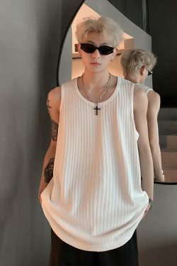 Trendy Summer Sleeveless Vest Tank Top with Wrinkled Texture - Cool Street Style for Couples, Soft and Comfortable Ice Feel