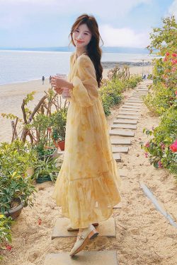 Trendy Tie-Dye Yellow French-Style Tencel Dress - Unique Spring Collection, Super Stylish for 90s and Y2K Fashion Lovers