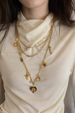 Trendy Two-Tone Layered Heart Necklace - Gold & Silver Gemstone Metal Clavicle Chain, Niche Style Sweater Accessory