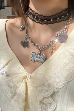 Trendy Y2K Lace Choker Necklace - Layered Metal Neck Chain with Dog Bone Clavicle Design for Sweet Cool Girl Style