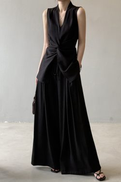 Twisted Sleeveless Shirt & Wide-Leg Pants Two-Piece Set for Women, Casual Summer 2025 Outfit, Boho Style Floor-Length Trousers
